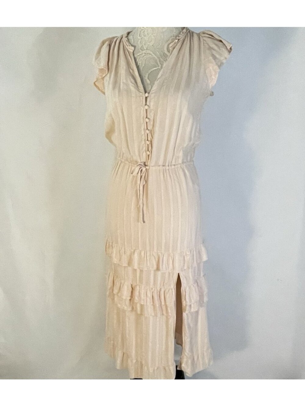 PAIGE Illyria Dress XS Blush Pink Boho Ruffle Layers Midi Rayon Tie Waist